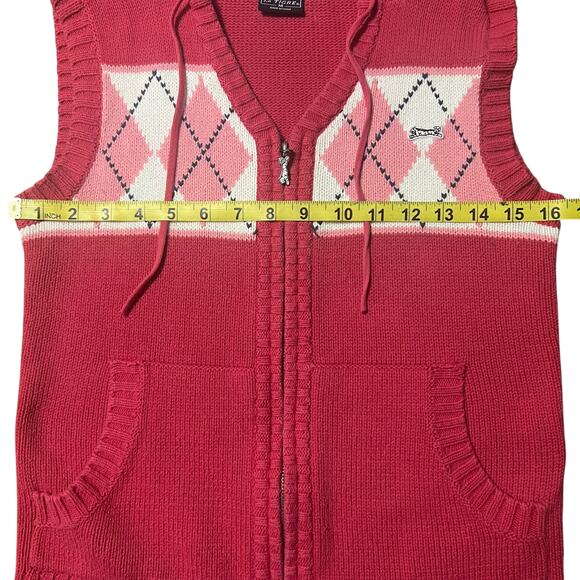 Vintage Le Tigre Preppy Red and Pink Argyle Hooded Vest Size Medium - Picture 4 of 4